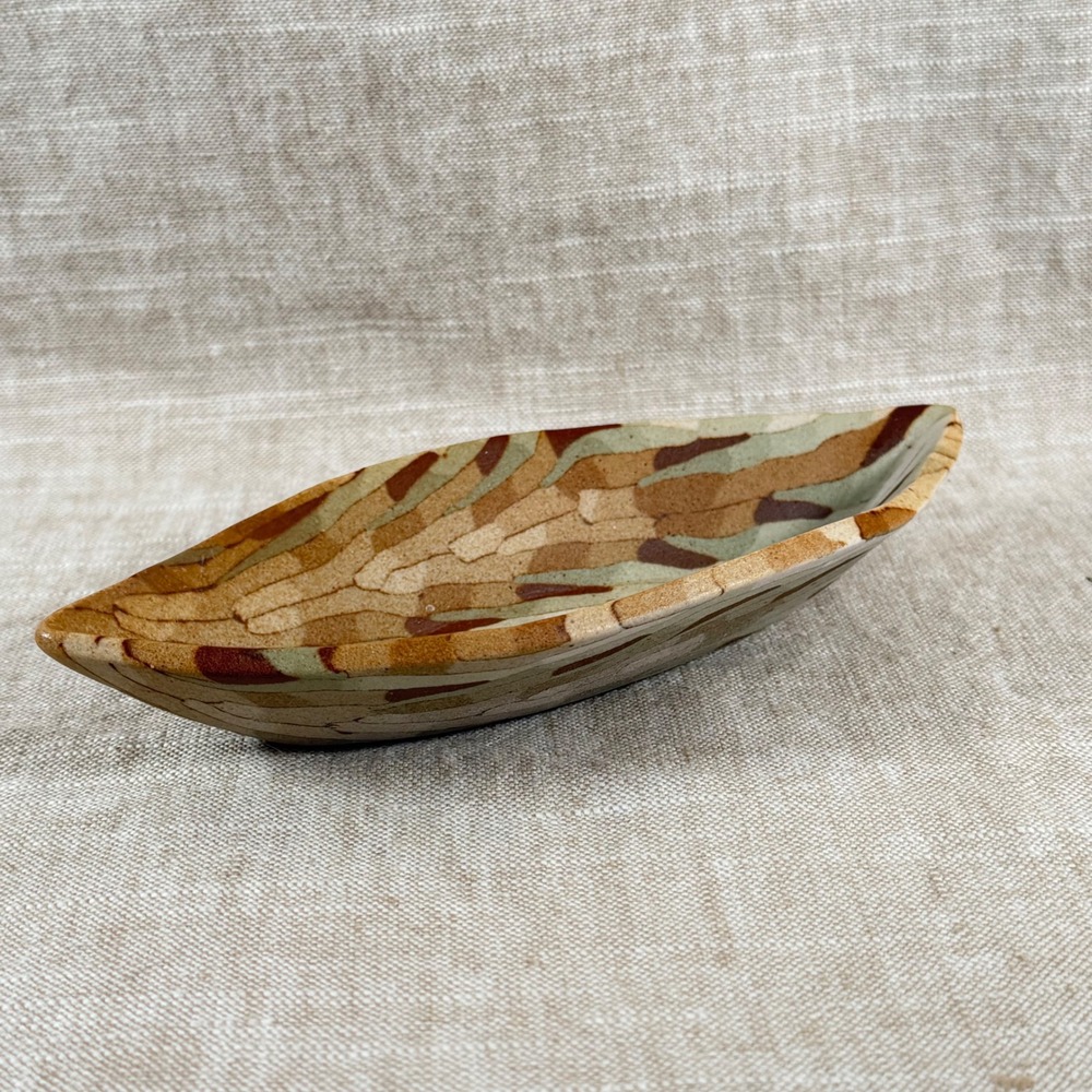 Vintage Mosaic Wood Leaf Bowl Mid Century Marquetry Trinket Dish